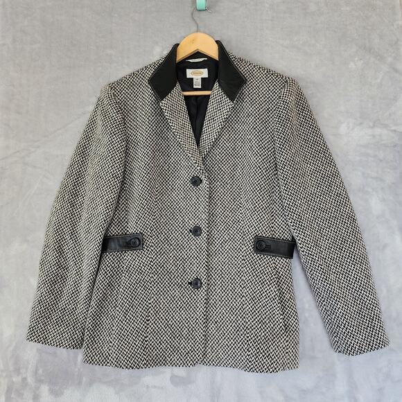Talbots Blazer Jacket Womens 10 Medium Italian Wool Leather Trim Herringbone - Picture 1 of 14